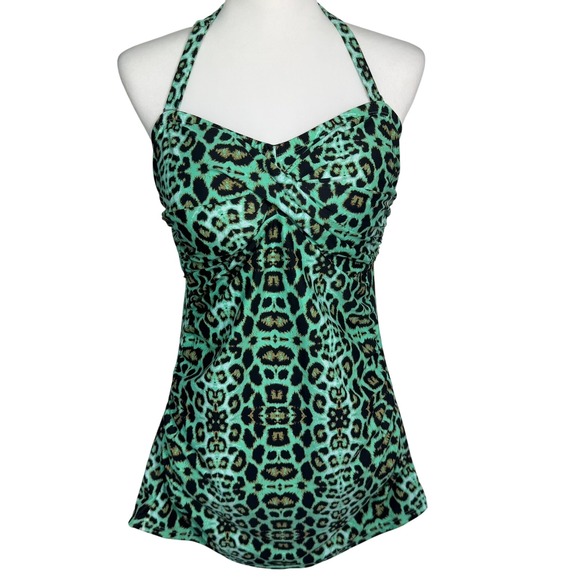 VENUS Women's 12 Green Leopard Print Halter Tankini Swim Top Padded Push Up Bra - Picture 1 of 9
